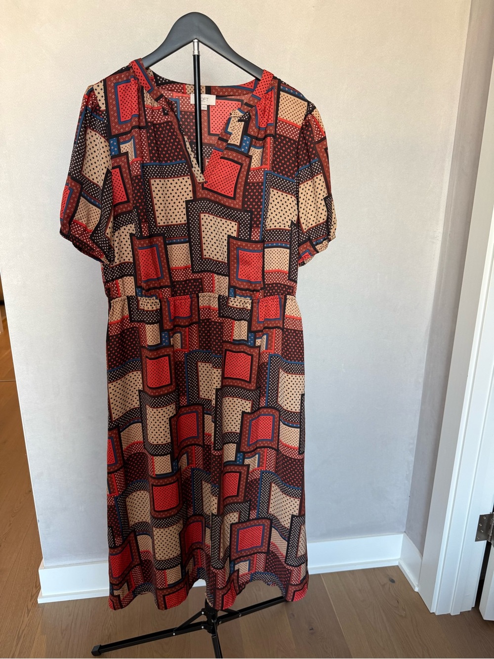 LOFT Red and Beige Geometric Midi Dress